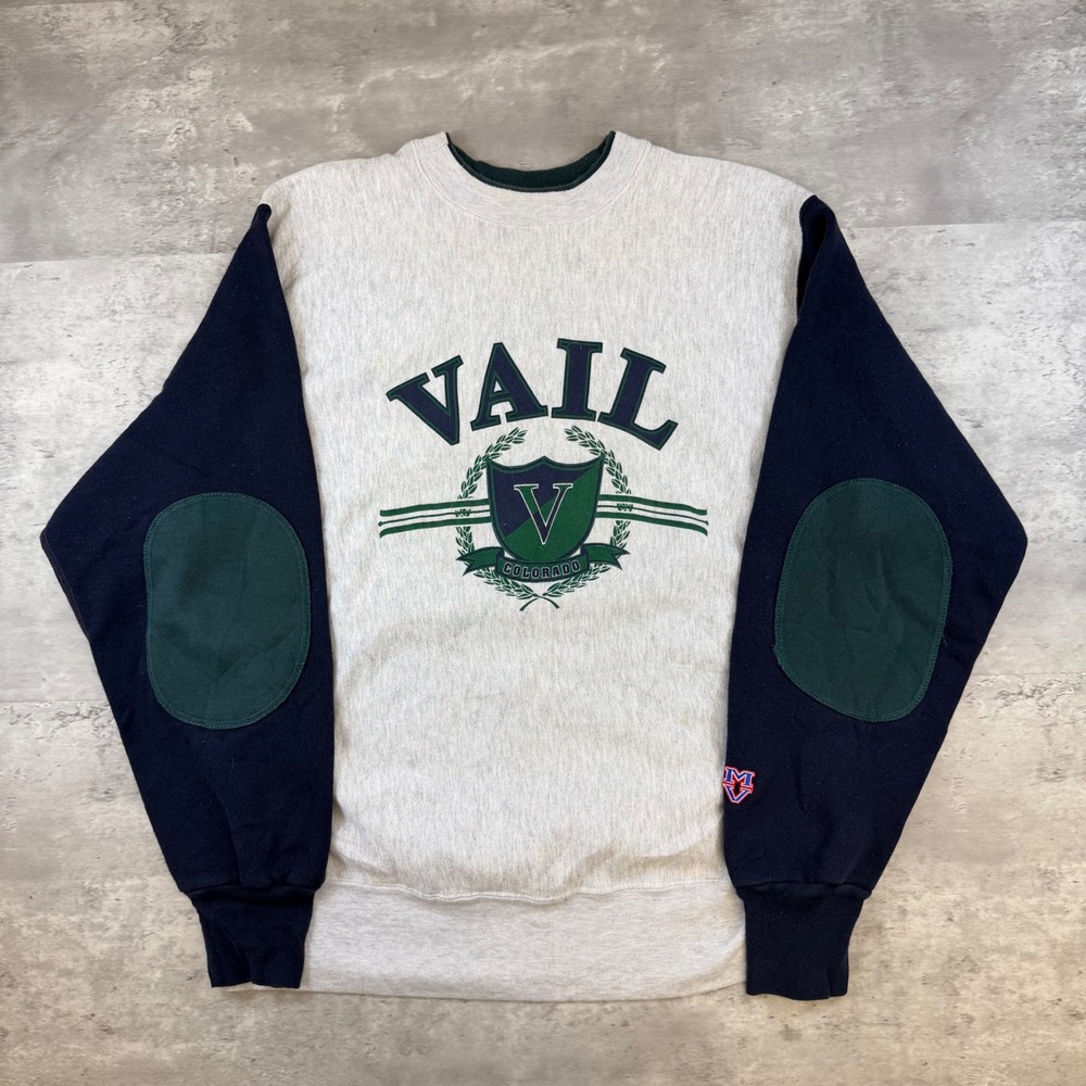 Vintage MV Sport Pro Weave Vail Colorado Sweatshirt XL Gray Navy Elbow Patches